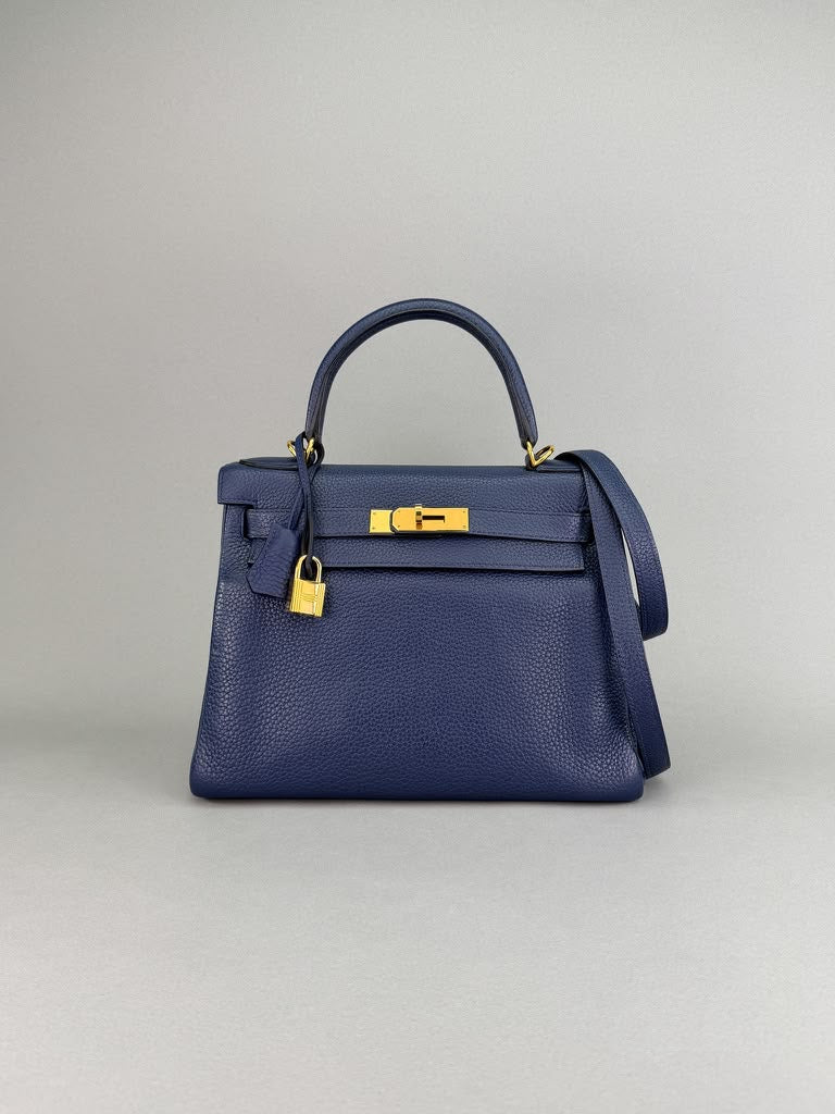 Hermès Kelly 28 Togo Blue de Malte Inside Blue Electric Gold Hardware Square R Stamp