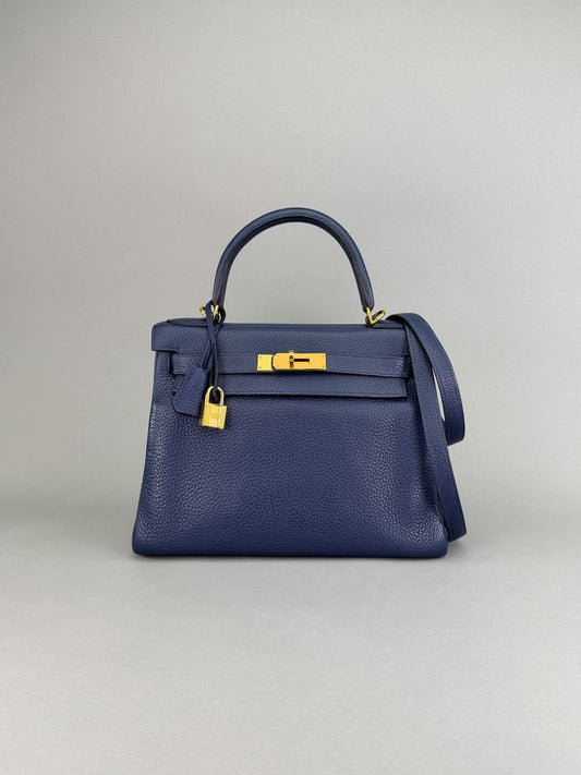 Hermès Kelly 28 Togo Blue de Malte Inside Blue Electric Gold Hardware Square R Stamp