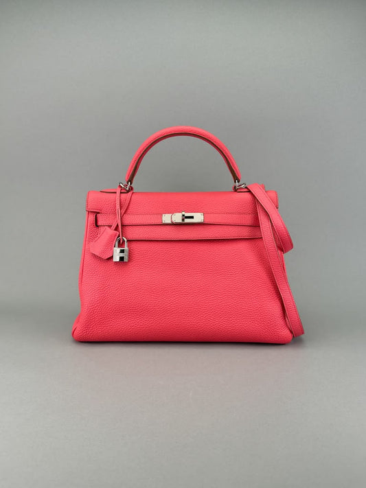 Hermès Kelly 32 Togo Rose Lipstick Palladium Hardware Square Q Stamp