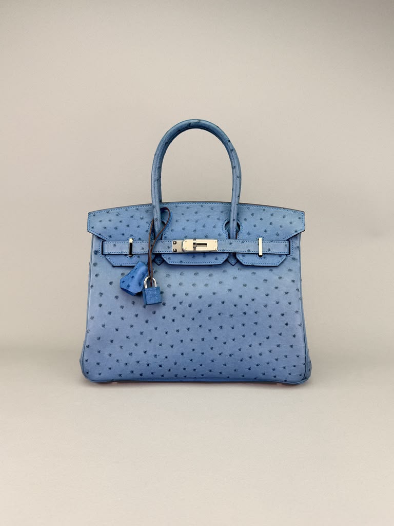 Hermès
Birkin 30 Ostrich Blue Thalassa Palladium 
Hardware Square O Stamp